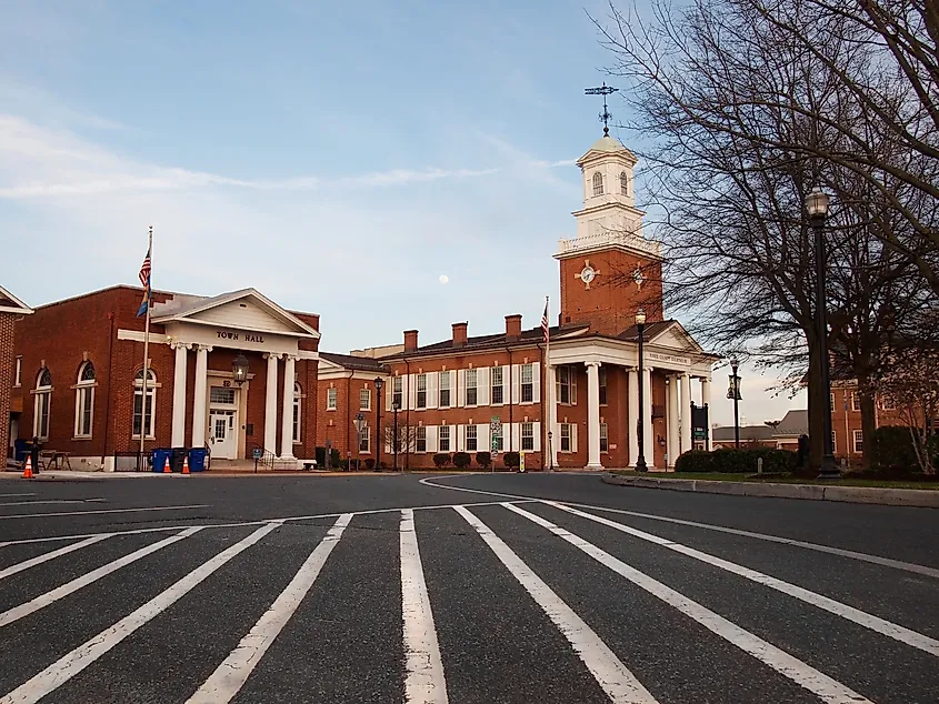GEORGETOWN, DELAWARE - APRIL 4, 2018: The Circle, in Georgetown, Delaware is home to the city's Town Hall and the Sussex County Courthouse, among other historic buildings.