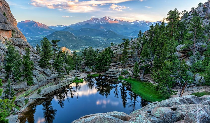 Longs Peak and The Crags above Gem Lake in Rocky Mountain National Park, Estes Park, Colorado