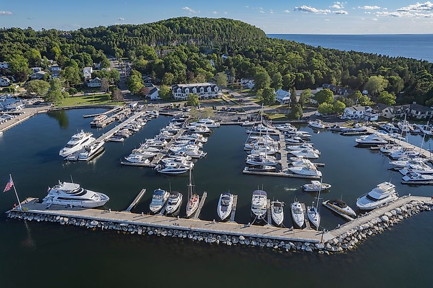 Aerial view of the marina in Fish Creek, Wisconsin.