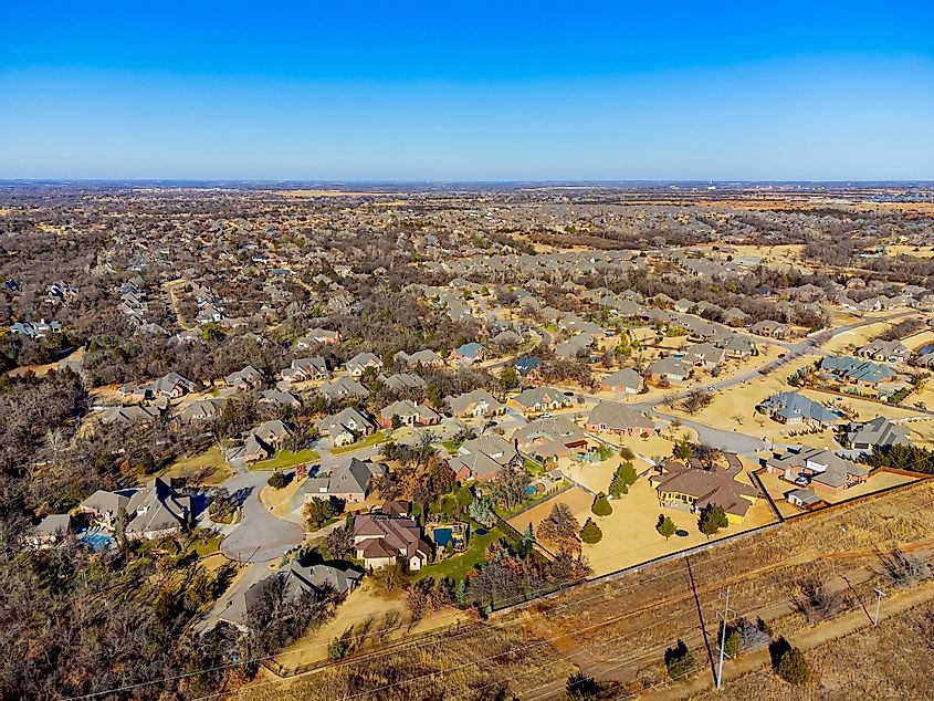 Aerial view of the cityscape around Mitch Park at Edmond, Oklahoma