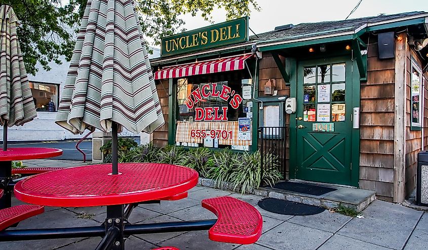 Uncle`s Deli located near Post Road with evening lights