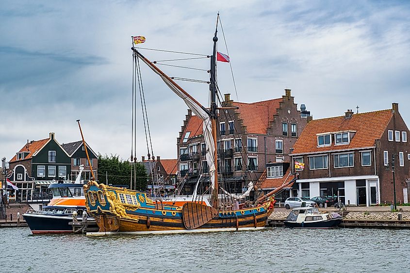 An old sailing ship in Volendam harbor in Volendam, The Netherlands.