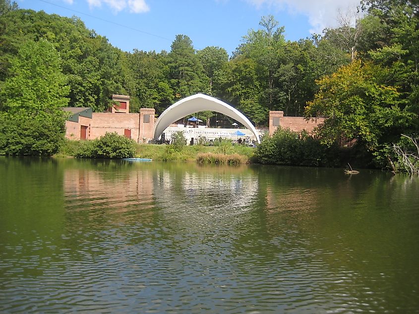 The outdoor amphitheater, as seen from Lake Matoaka behind the stage, at the College of William & Mary in Williamsburg, Virginia