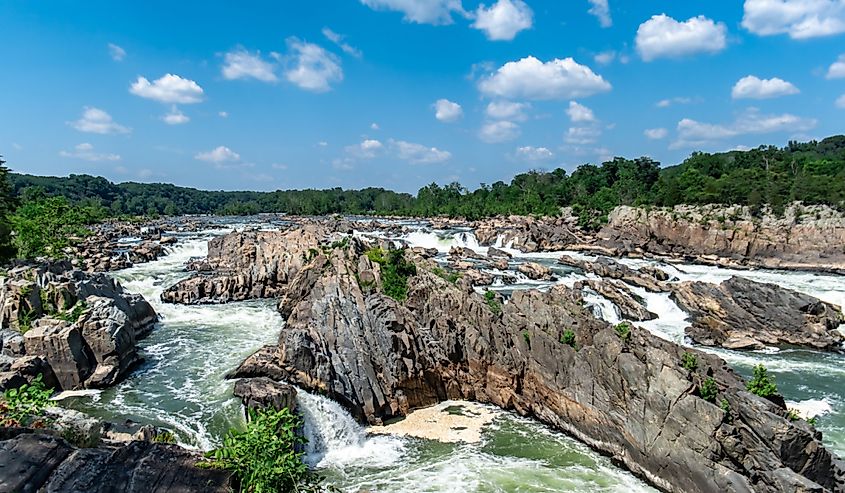 Jagged rocks, breathtaking views, and the dangerous white waters of the Potomac River at the Great Falls Park in McLean, Fairfax County, Virginia.