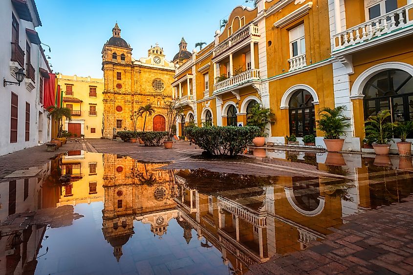 The historic Plaza de San Pedro square in the Old town of Cartagena city, Colombia