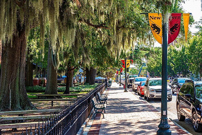 Sidewalk with benches in New Bern, NC.