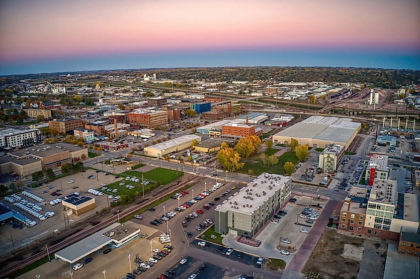 Aerial view of Downtown Sioux City, Iowa, at dusk