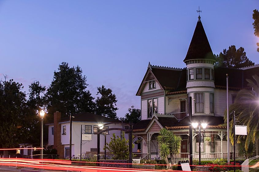 Sunset view of the late 19th century historic Victorian residential district of Anaheim, California