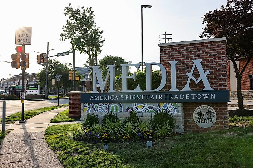 The sign of Media township on the street side in Media, suburb of Philadelphia, Pennsylvania