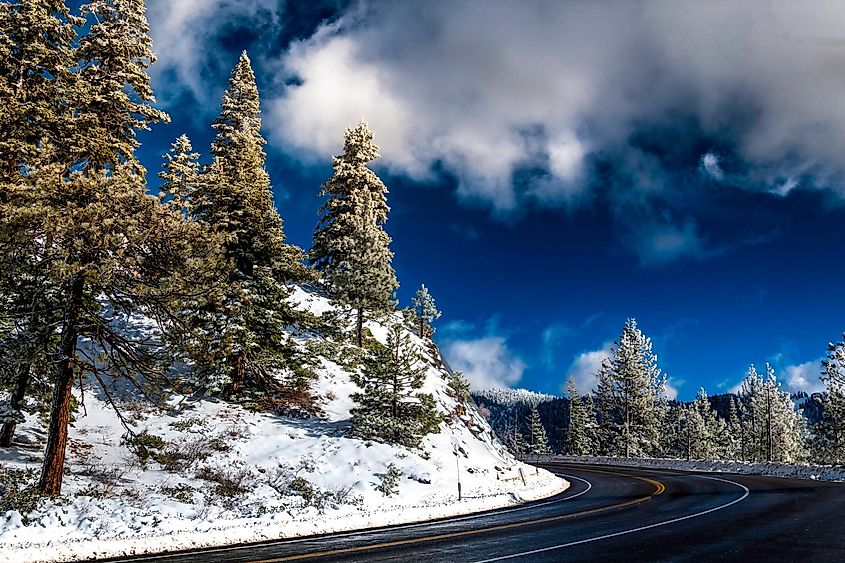 The Mount Rose Highway running through the snow-clad mountains of Nevada.
