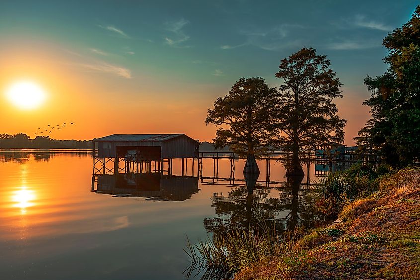 Sunset over a lake near El Dorado, Arkansas.