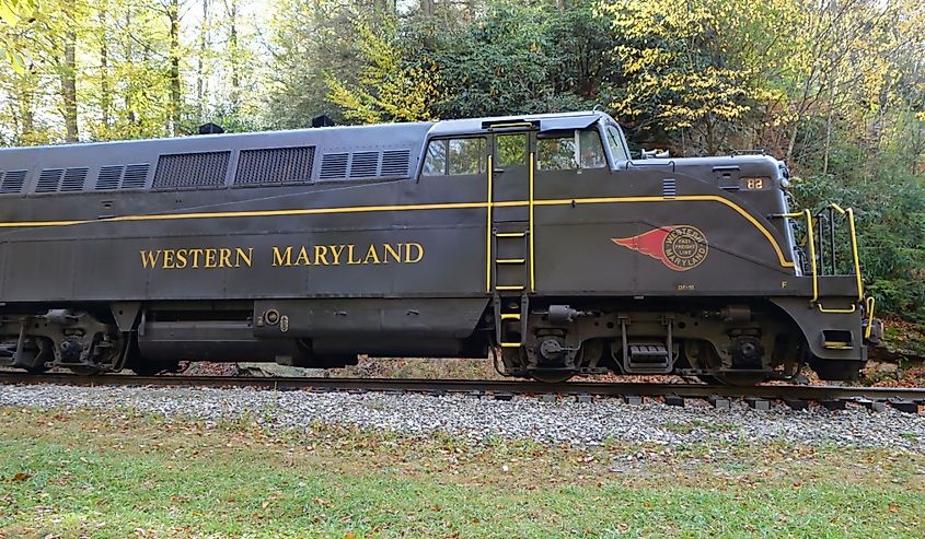 The New Tygart Flyer vintage diesel-powered train locomotive out of Elkins, West Virginia, United States