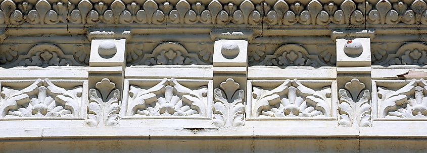 Beautiful and elaborate roof line of the historic Council Grove National Bank has Italiante architecture.