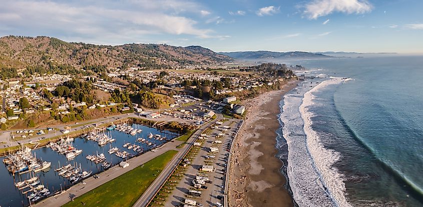 Aerial view of the harbor, beach, and town of Brookings, Oregon