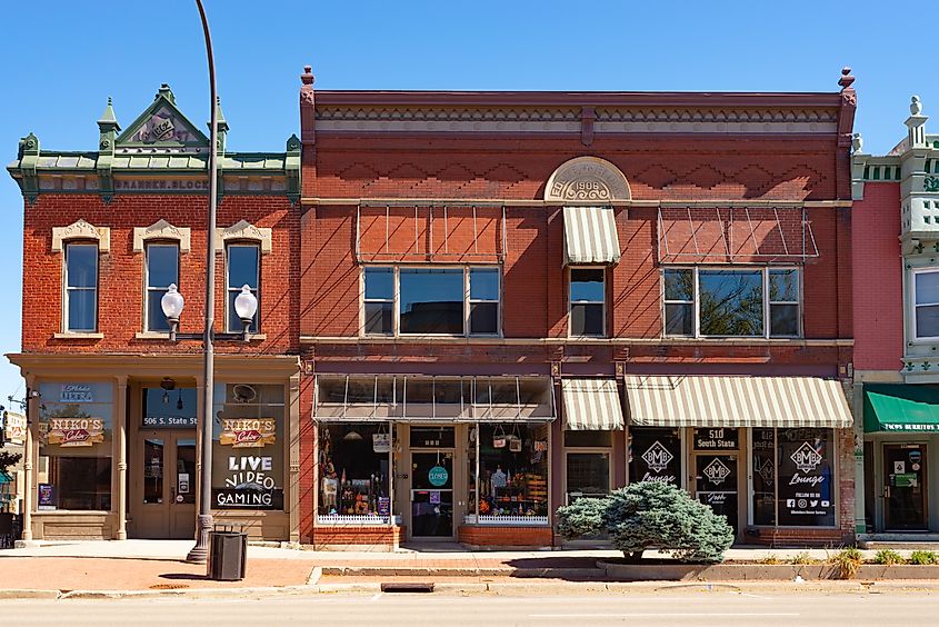 Belvidere, Illinois - United States - June 28th, 2021: Old brick building and storefront in downtown Belevidere on a beautiful Summer morning.