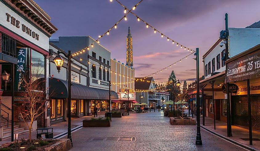 The Plaza on Mill Street at dusk Grass Valley, California.