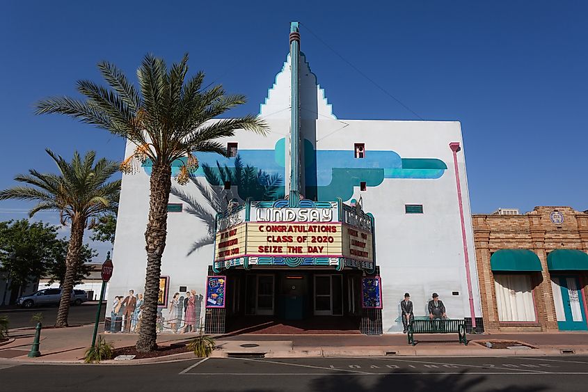 Entrance to a theater in Lindsay, California.