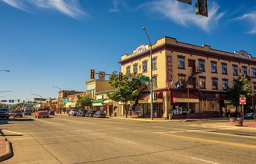 Scenic street view with shops and hotels in Kalispell, via Nick Fox / Shutterstock.com