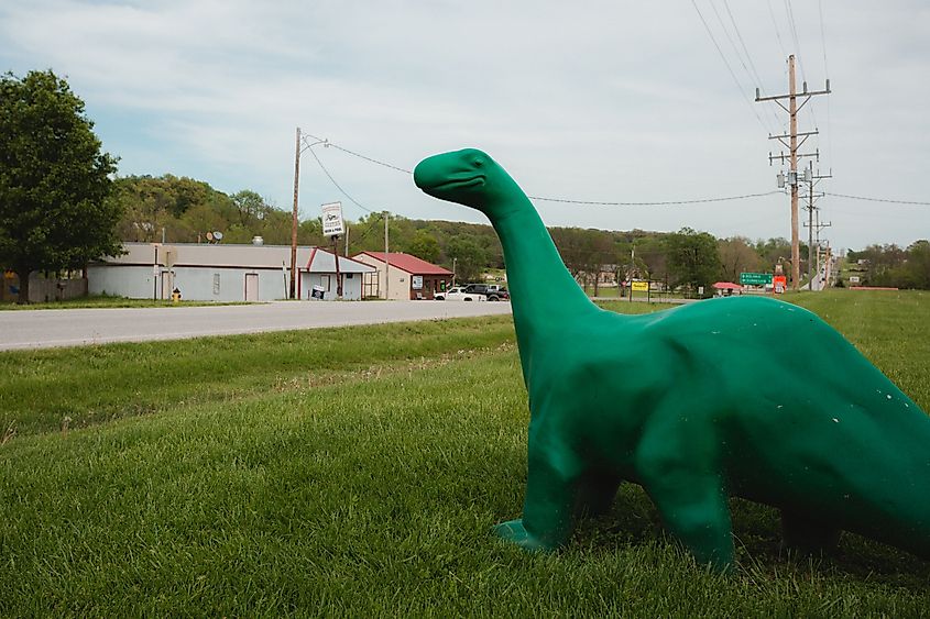Dino statue outside a gas station in Humansville, Missouri.