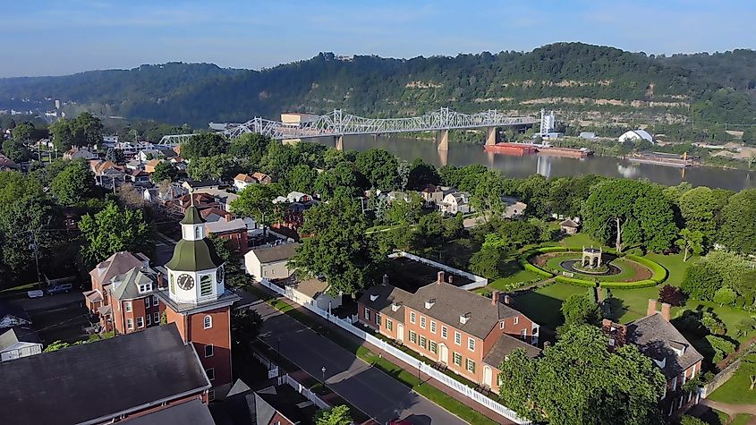 An aerial establishing shot of the small Pennsylvania town of Ambridge, Beaver County