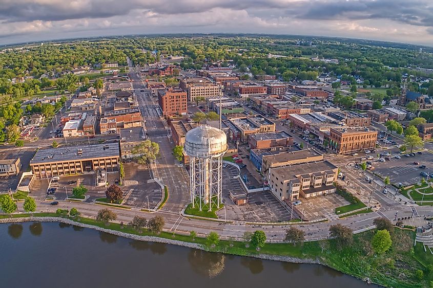 Aerial view of Downtown Albert Lea, Minnesota at dusk in summer.