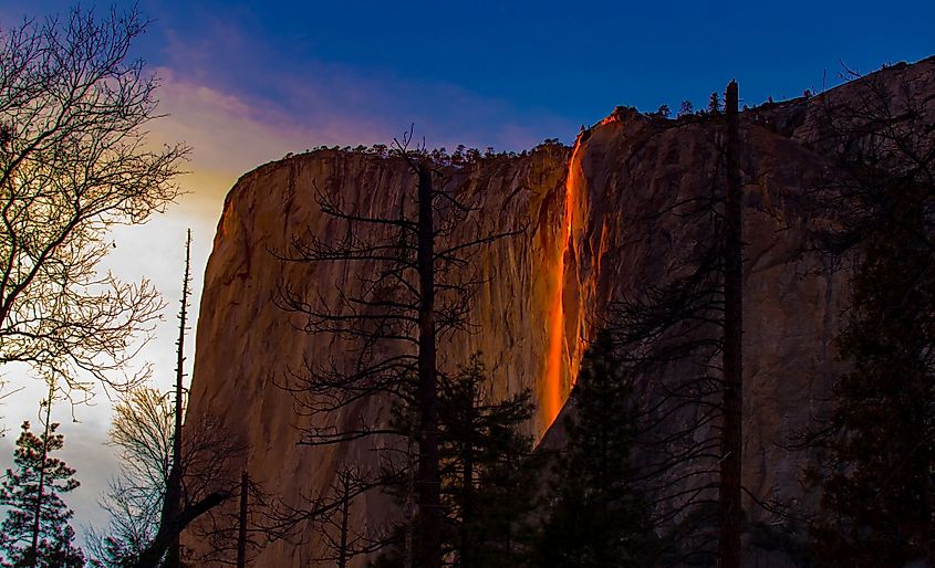 A fiery view of Horsetail Falls in Yosemite National Park.
