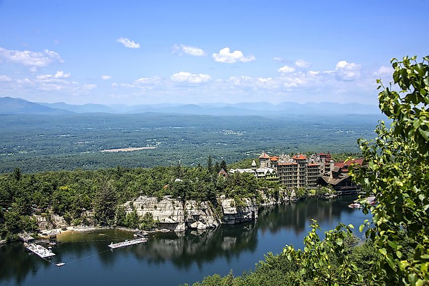 Scenic view of Mohonk Mountain House and Mohonk Lake, located in New Paltz, upstate New York.