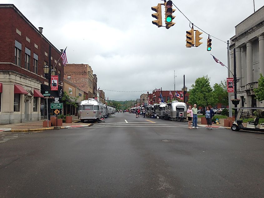 Airstream recreational vehicles are seen parked along the streets of Logan, Ohio.