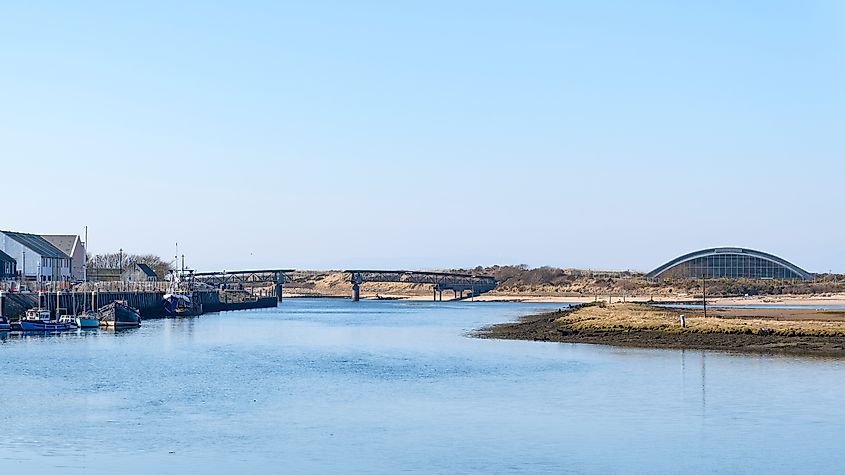Irvine Harbour North Ayrshire Scotland on a bright but cold day Looking over to the old Iron Bridge and the now closed Science Museum