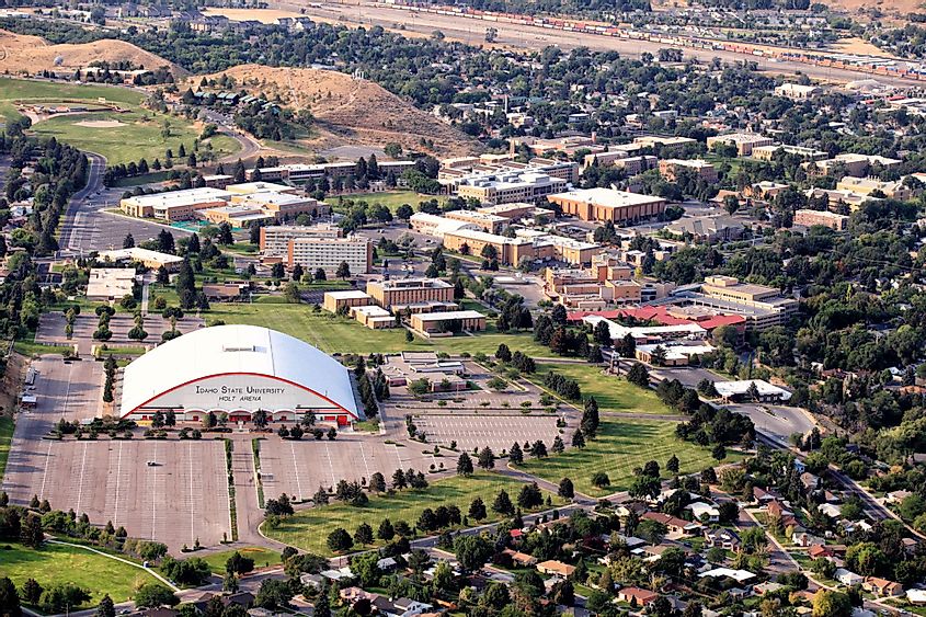 A summer time aerial view of the Holt Arena and other buildings that make up the campus of Idaho State University in Pocatello, Idaho