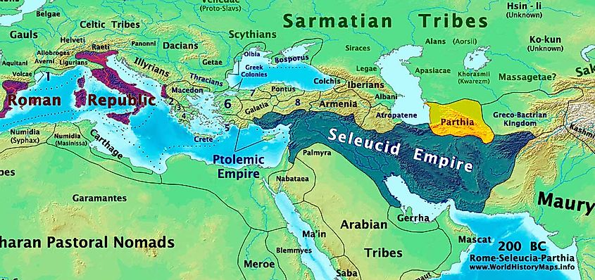 Roman, Seleucid, and Parthian Empires in 200 BC. The key is cut off from the full map, but the numbered states are: