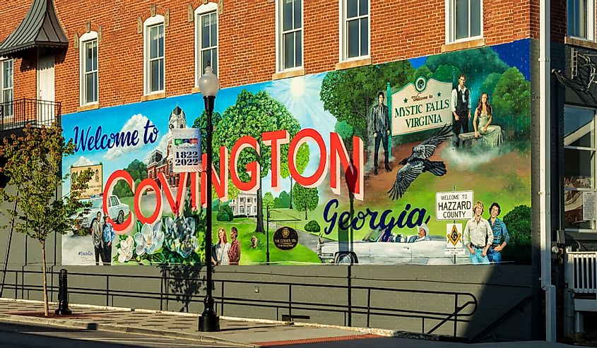 Mural on building depicting films that have been shot in Covington, Georgia