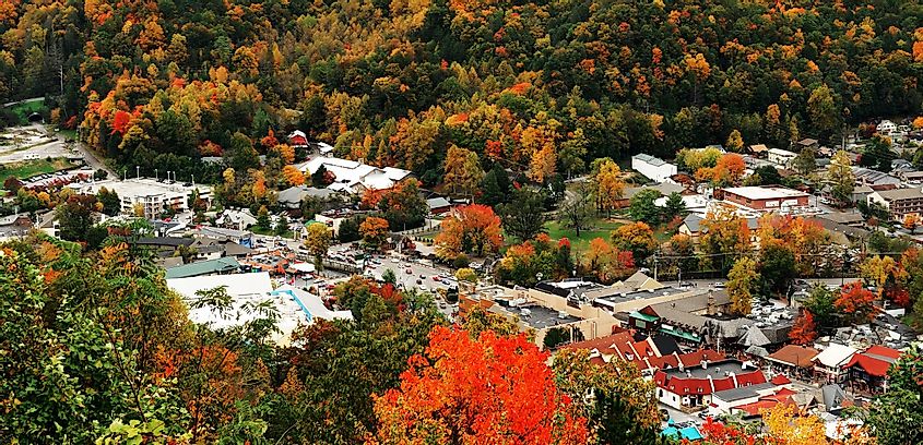 Aerial view of Gatlinburg, Tennessee with autumn colors