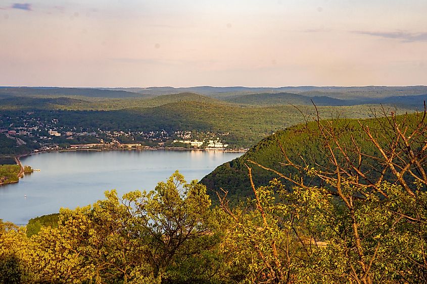 Stony Point, New York: landscape view of the Hudson River from the top of Perkins Memorial at sunset.