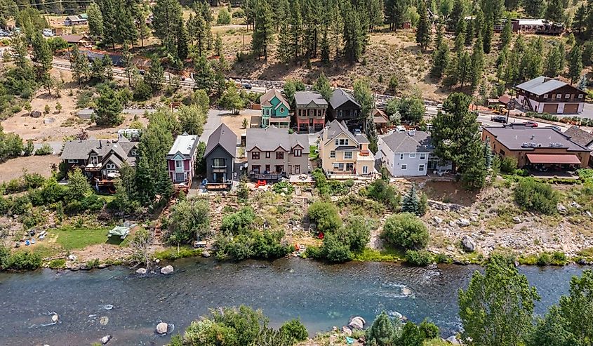 Afternoon neighborhood view of historic homes in Truckee, California, USA.