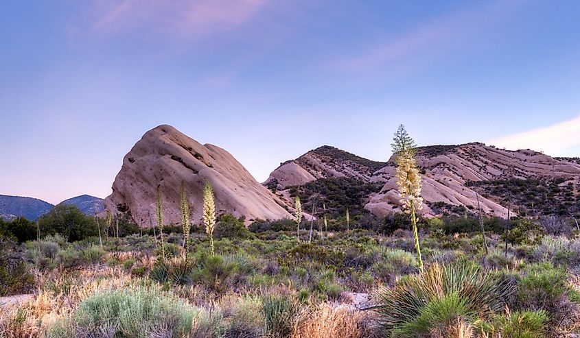 The Mormon Rocks, also called Rock Candy Mountains; part of the San Gabriel Mountains near Wrightwood, California, in twilight.