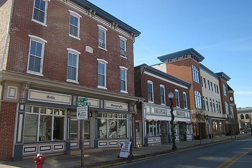 Downtown street and storefronts in Downingtown, Pennsylvania