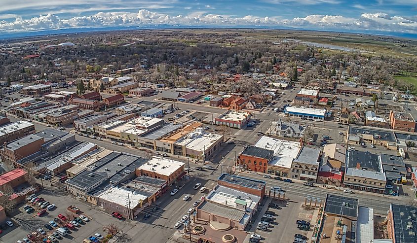 Aerial View of Downtown Alamosa and Train Station in Spring