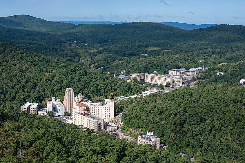 Aerial view of downtown Hot Springs, Arkansas.