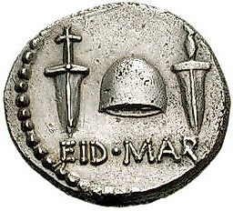 Reverse side of the Ides of March coin (a denarius) issued by Caesar's assassin Brutus in the autumn of 42 BC, with the abbreviation EID MAR (Eidibus Martiis - "on the Ides of March") under a "cap of freedom" between two daggers