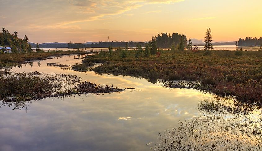 Sunrise clouds reflected in Brown's Tract Inlet off Raquette Lake in the Adirondack Mountains.