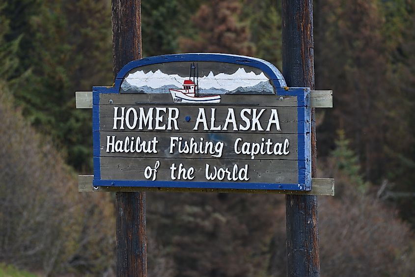 A sign that says the "Halibut Fishing Capital of the World" in Homer, Alaska.