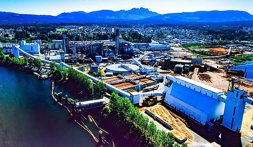 Aerial image of a pulp and paper mill in Port Alberni, Vancouver Island, British Columbia.