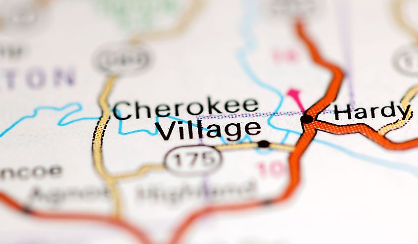 Cherokee Village. Arkansas. USA on a geography map