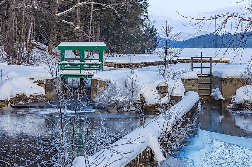 Frozen lake in winter in Bridgton, Maine