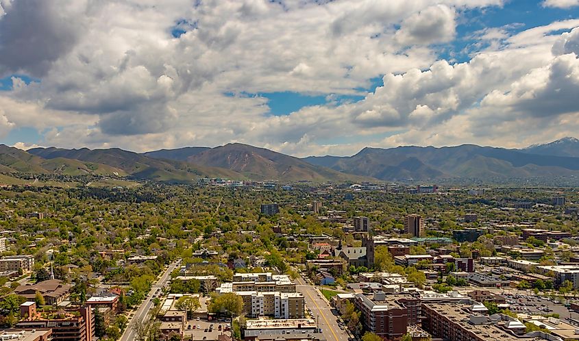 View of the University of Utah, hospitals, mountains, and Catholic Cathedral of the Madeleine from downtown in springtime, Salt Lake City, Utah