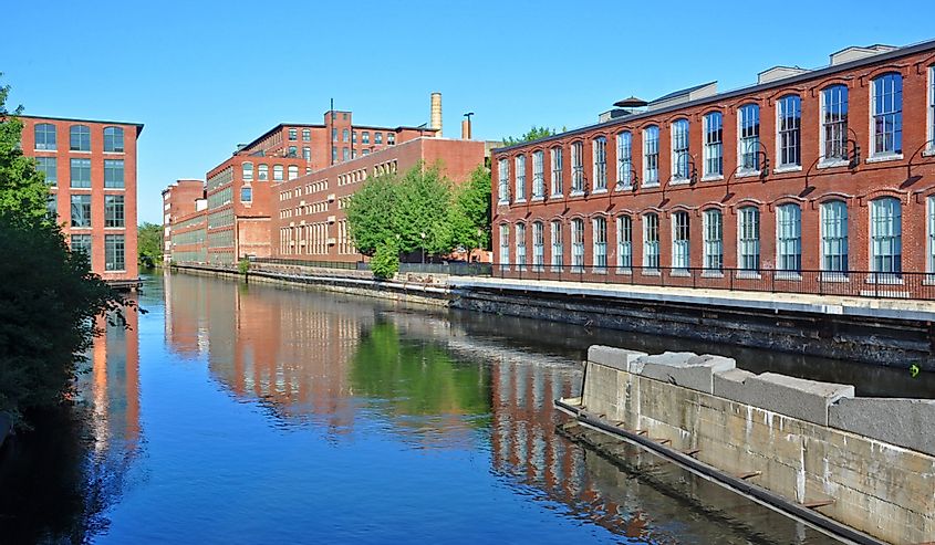 Pawtucket Canal and historic mill buildings in Lowell National Historic Park in downtown Lowell, Massachusetts