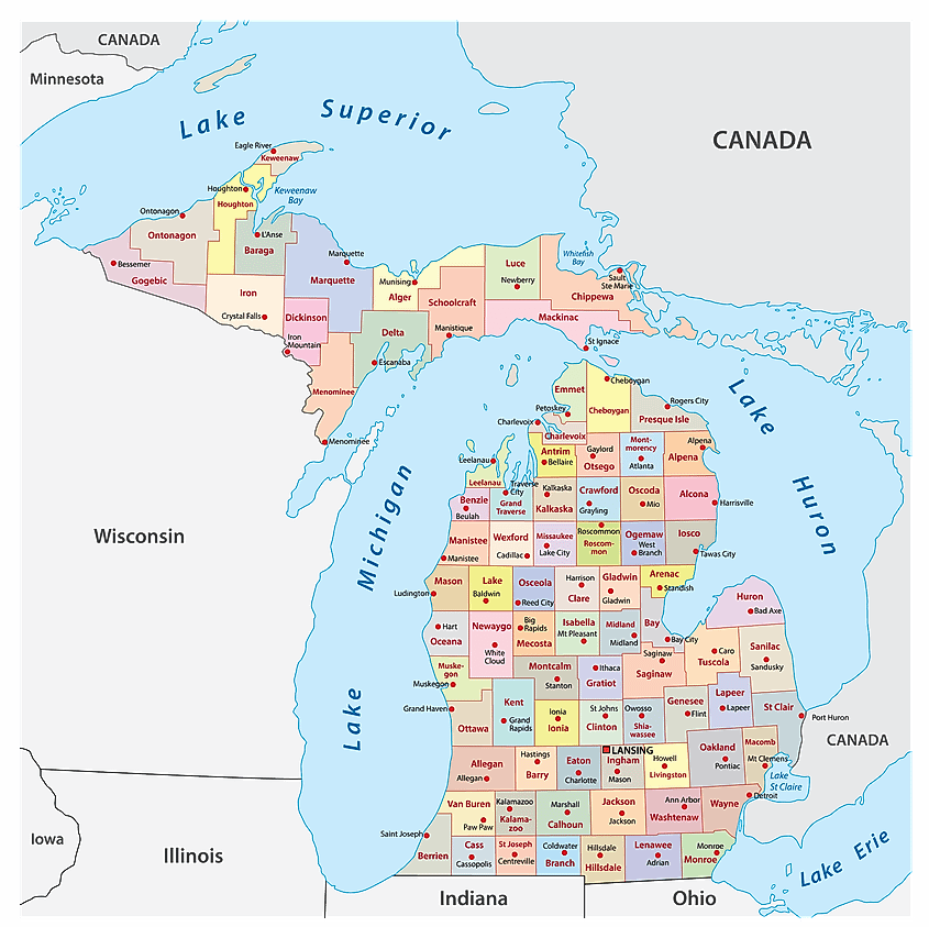 County map of Michigan, showing the Upper and Lower Peninsulas surrounded by Lakes Superior, Michigan, Huron, and Erie.