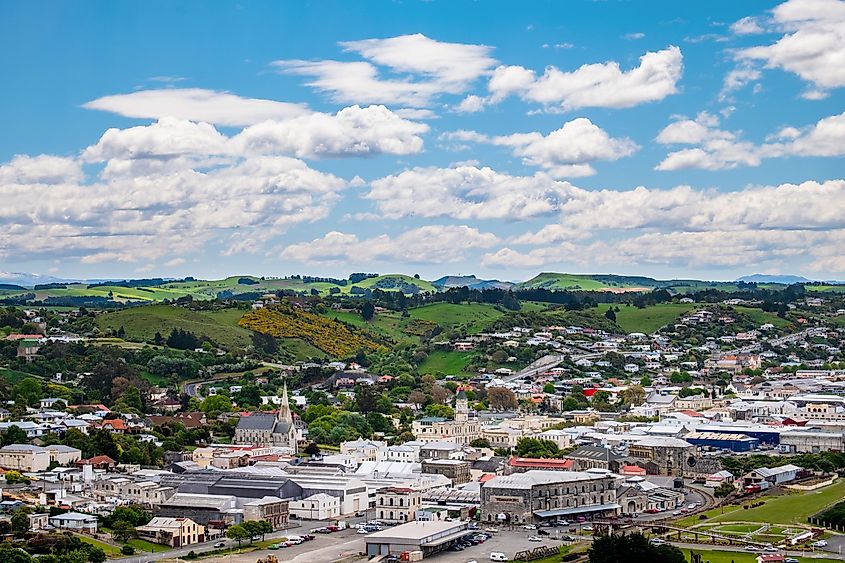 Beautiful landscape of the town with blue sky and snow mountain. Omaru, New Zealand.