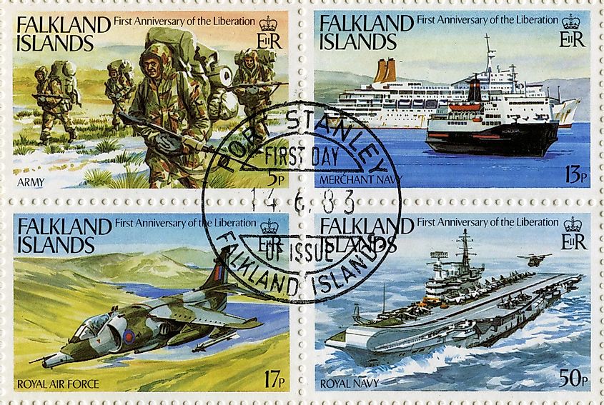  Postage Stamps commemorating the first anniversary of the Liberation of the Falkland Islands, circa 1983.
